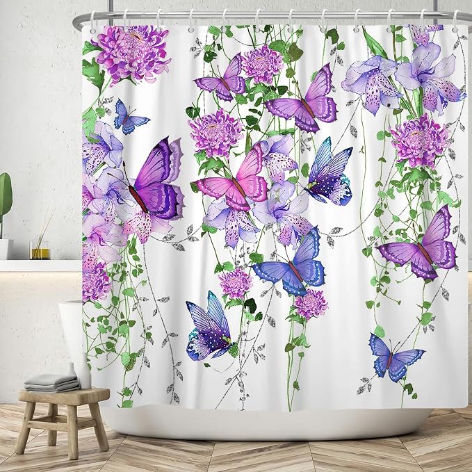 Violet Butterfly Floral Shower Curtain Spring Lavender Shower Curtain Lilac Pink Floral Bathroom Decor Waterproof Polyester Fabric with 12 Hooks,72x84 Inches