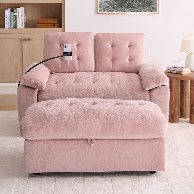 Oversized Chaise Lounge Chair Indoor, Double Convertible Recliner Reading Arm Sofa Chair W/Adjustable Backrest & Charging Port Couch Bed for Living Room, Home Theater & Bedroom, Pink