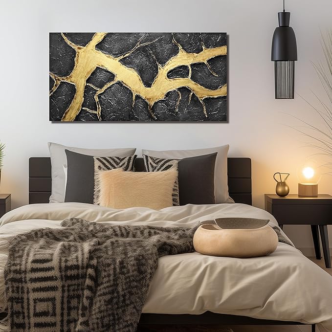 DNIEOTU Abstract Canvas Wall Art for Living Room, Black and Gold Wall-Decor for Bedroom, 3D Textured Paintings for Hallway Office, Size 47 x 24 Inches Hand Painted