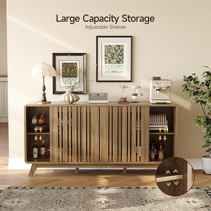 ONBRILL Sideboard Buffet Cabinet with Storage, Fluted Buffet Cabinet with Sliding Doors & 4 Drawers, Mid Century Modern Coffee Bar Wine Bar Credenza for Living Room, Kitchen (Natural Oak)