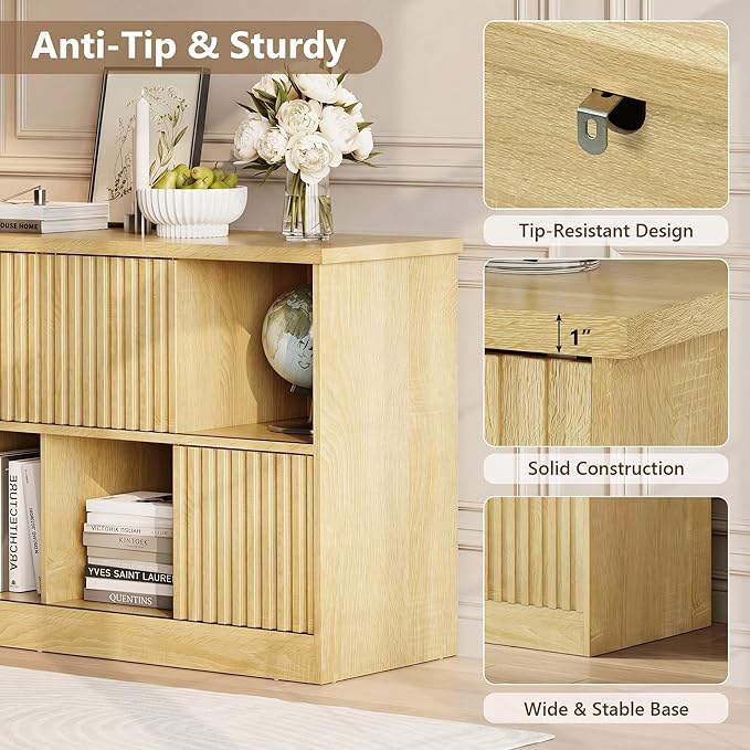 Einhomn 8 Cube Storage Organizer with Sliding Doors, Modern Fluted Bookshelf with Storage Cabinet, Wooden Bookcase with 4 Open Shelves for Living Room, Home Office, Bedroom, Natural