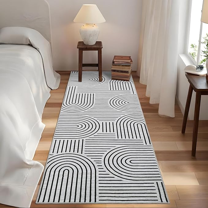 Modern Rug 2x6 Runners for Hallways, Abstract Kitchen Runner Rugs Non Slip Bath Runner, Rainbow Washable Runners Rug for Bedroom, Soft Long Rugs for Entryway Bathroom Laundry Dorm, Blackwhite