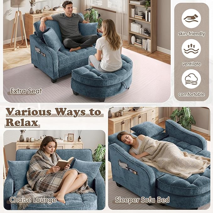 Oversized Chaise Lounge Chair Indoor with Ottoman, Chenille Tufted Comfy Loveseat Sofa Chair with Adjustable Backrest, Fluffy Recliner Sofa, Convertible Sleeper Couch Bed for Living Room(51"W, Blue)