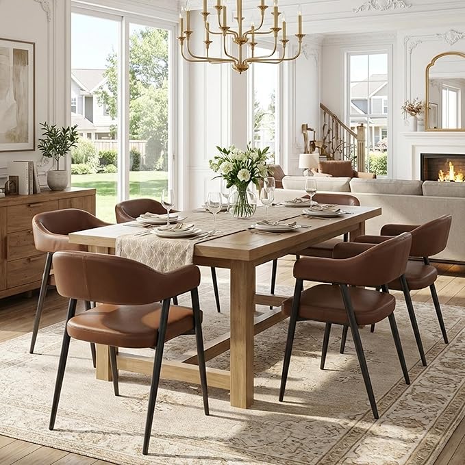 HNY Modern Dining Room Arm Chairs Set of 6, Retro Faux Leather Upholstered Barrel Dining Chairs with Arms Mid-Century Brown Accent Chair with Metal Legs, Open-Back Kitchen Side Chair for Living Room