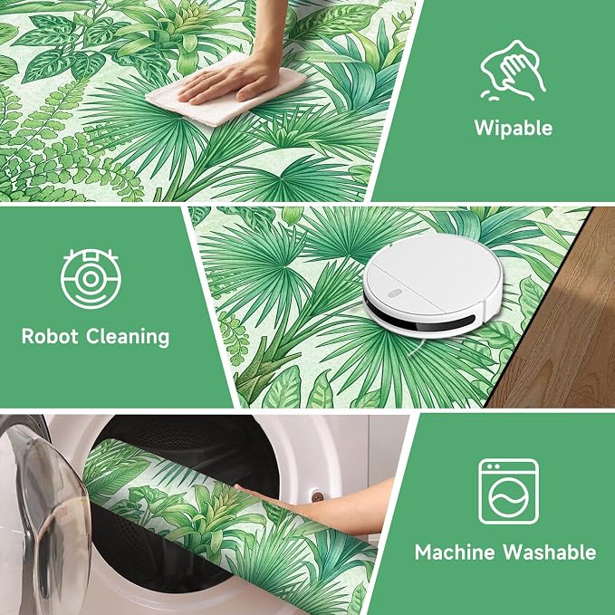 Tropical Leaves Area Rug 4'x6' Green Botanical Palm Fern Leaf Rug Non Slip Washable Indoor Floor Mat for Bedroom Living Room Nursery Kitchen Playroom Home Decor