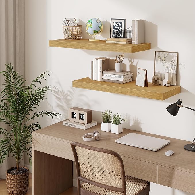 Fun Memories 12" Deep Floating Shelves for Wall, 36" W x 12" D Floating Shelves, Long Wood Floating Wall Shelf for Living Room Bathroom Bedroom Kitchen, Oak, Set of 2