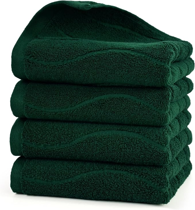 Jacquotha 4-Piece Hand Towels Set in Forest Green, Wavy Striped Jacquard Towels for Bathroom Kitchen Decor (13x29 Inches, 100% Cotton)
