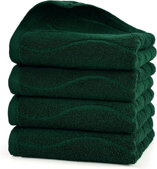 Jacquotha 4-Piece Hand Towels Set in Forest Green, Wavy Striped Jacquard Towels for Bathroom Kitchen Decor (13x29 Inches, 100% Cotton)