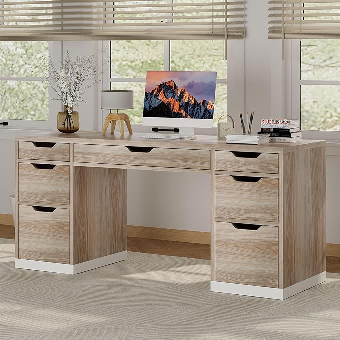 MaverickFurni Computer Desk with Storage Drawers, 54 Inch Executive Desk with 7 Drawers for Bedroom, Office Desk with File Drawers for Work Study Writing, Small Spaces, White and Walnut