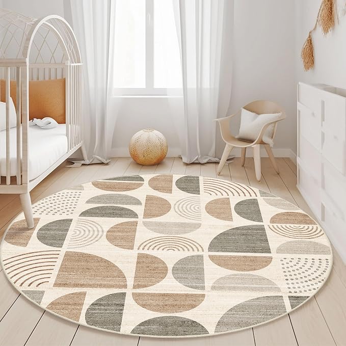 MUJOO Round Rugs 5ft,Circle Area Rug Washable,Circular Rugs for Living Room Dining Room,Boho Non Slip Throw Floor Carpet Modern Abstract Bohemian Neutral Beige