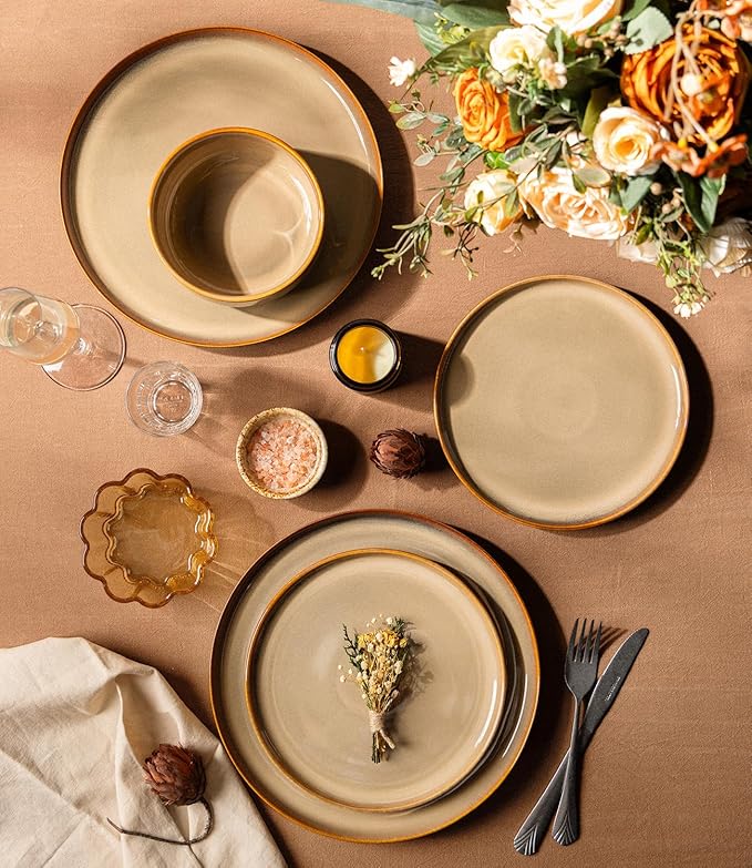 TheTerra Ceramic Dinnerware Sets for 6, 18 Pieces Handmade Reactive Glaze Plates and Bowls Set, Scratch Resistant Dish Set, Oven & Microwave & Dishwasher Safe, Creamy Amber