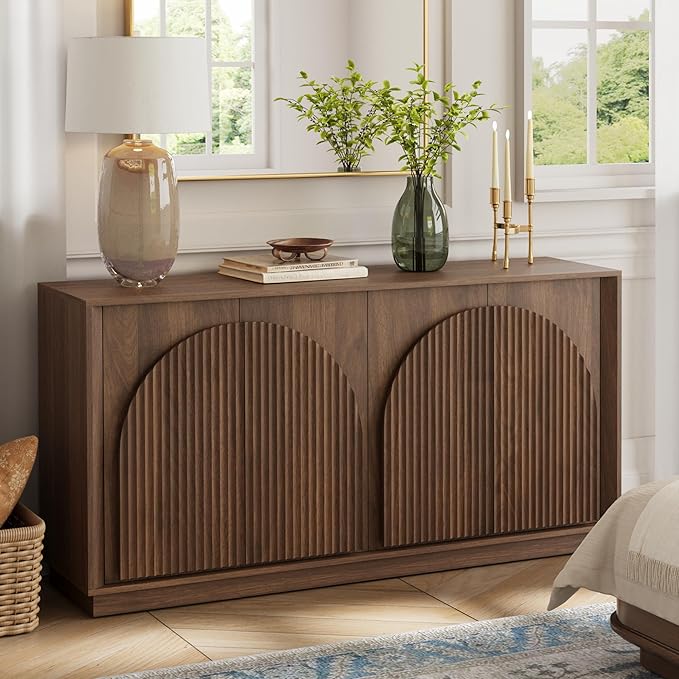 win2win Fluted Sideboard Buffet Cabinet with Storage, 65" Mid Century Modern Accent Cabinet with Double-Layered Arch Doors,Wood Media TV Console Table Credenza for Living Room Hallway Entryway,Walnut