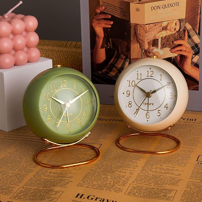 rjuwurv Metal Desk Clock, Retro Bedroom Table Vintage Analog Alarm Clock, Silent Non-Ticking Gold Clock, Bedside Décor(Milk White)