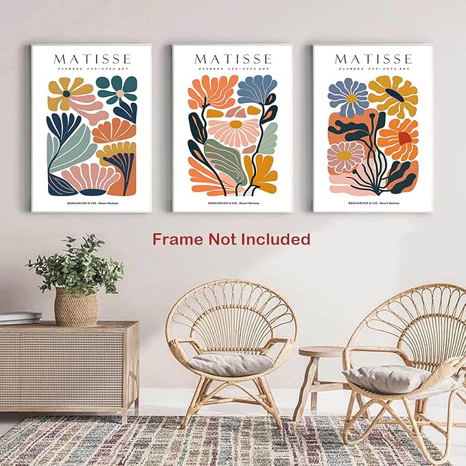 BingruiArt Matisse Wall Art Canvas Colorful Boho Flower Poster Abstract Pictures Set of 3 Minimalist Plant Leaves Painting Prints Decor Aesthetic for Living Room Bedroom Dorm 12"x16" Unframed