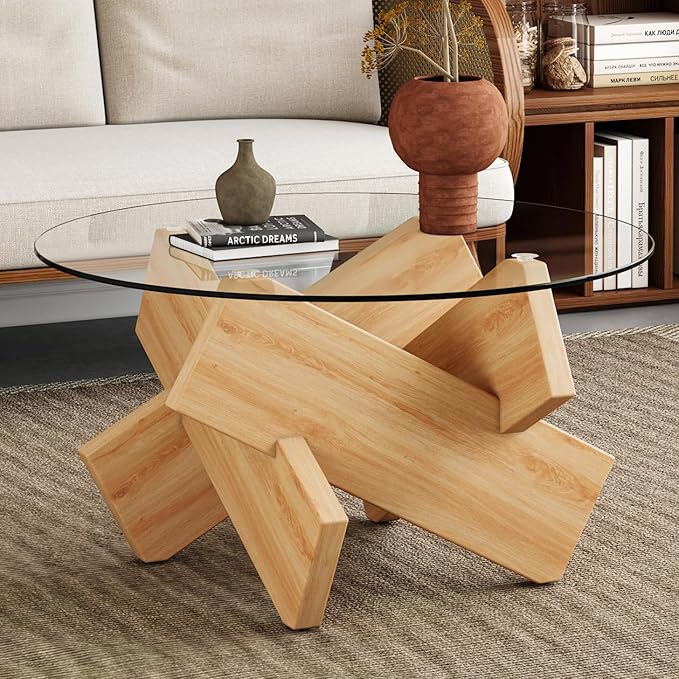 Round Glass Top Coffee Tables for Living Room, 33.4 Inch Modern Wood and Glass Coffee Table, Mid Century Circle Coffee Table with Crossed Legs, Round Center Table for Living Room