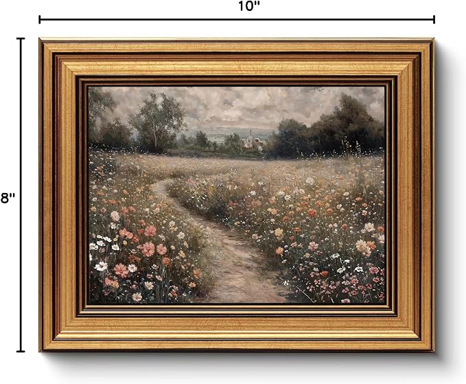 HUARCEY Gold Framed Vintage Wall Art for Living Room, Flowers Painting Prints Shelf Decor for Kitchen, Landscape Bedroom Wall Art, Christmas Gifts for Friends or Family (Flowers Path - 8"x10")