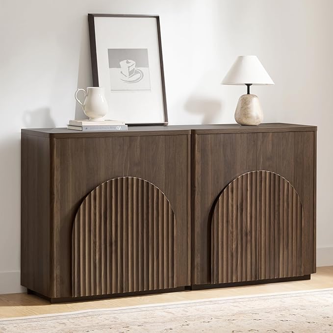 CHITA Sideboard Buffet Cabinet with Storage, Small Storage Cabinet with Doors and Shelves for Living Room Accent, Bar, Kitchen, Set of 2, Walnut