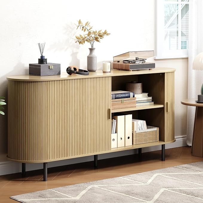 Buffet Cabinet with Storage, Fluted Sideboard Buffet with Sliding Door, Coffee Bar Cabinet with Adjustable Shelf, Console Table, Accent Table for Entryway, Kitchen (Oak, 63 Inch)