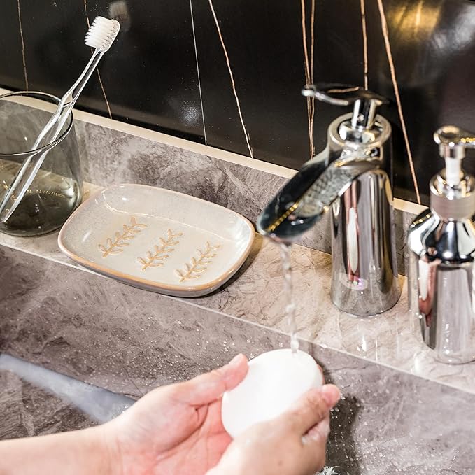 Ceramic Soap Dish Soap Holder, Soap Lift for Bar Soap Sponge, Shower Soap Dishes for Bathroom Kitchen Counter Soap Saver Tray Keep Dry, Dishwasher Safe (Pack of 2)