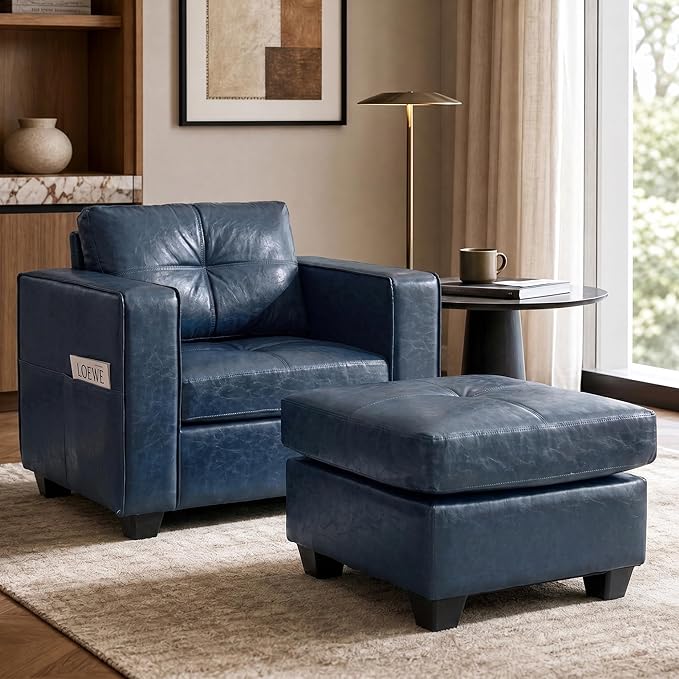 TYBOATLE Oversized Accent Chair with Ottoman, Wide Chaise Lounge Chair Indoor, Mid Century Modern Blue Armchair with Pockets, Leather Comfy Chairs for Bedroom, Living Room, Office