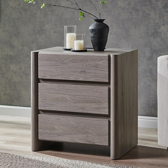 25" Tall Modern Nightstand with Charging Station, 23.6" W Nightstand with 3 Storage Drawers & Open Shelf, Wood Night Stand w/Rounded Corner Design for Bedroom, Living Room (Light Grey)