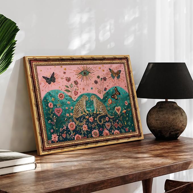 Mystical Leopard and Butterfly Wall Art with Gold Vintage Frame, Surreal Botanical Folk Art Print, Embroidery Style Boho Painting with Sacred Hearts and Cosmic Eye, Picture Wall Decor 12×16 Inch