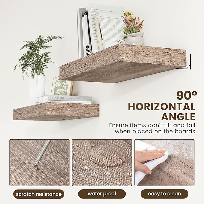 12 Inch Deep Floating Shelves | 24 Inch Grey Floating Shelves | 24''W x 12''D Rustic Grey Wood Shelves for Wall | Deep Wood Shelves for Living Room Bathroom Laundry Room Kitchen