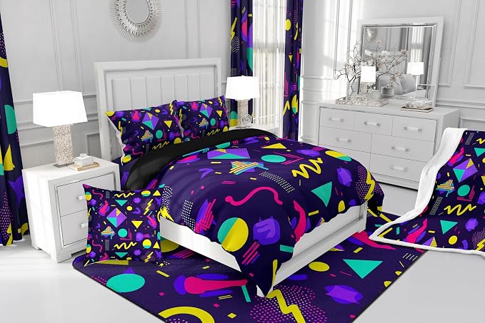 Geometric Duvet Cover 80s and 90s Hip Hop Bedding Set,Hipster Funky Comforter Cover Eighties Fashion Style Queen Bed Set,Round Triangle Square Diamond Shapes Artwork 1990S Memphis Home Decor