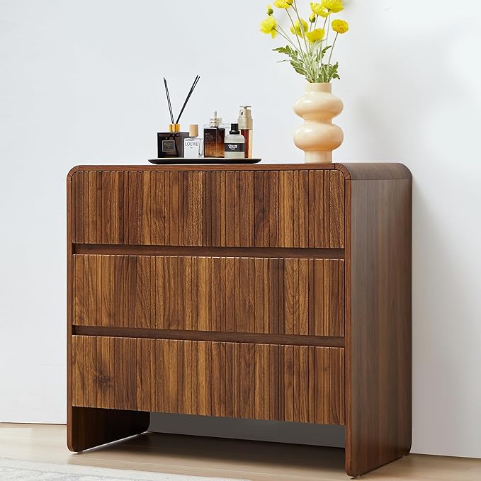 BERRYMERRY Flute 3 Drawer Dresser,31.5" Wide Dresser Nightstand for Bedroom,Mid Century Modern Wood Chest of Drawer with Curved Profile,Large Nightstand with 3 Drawer for Closet