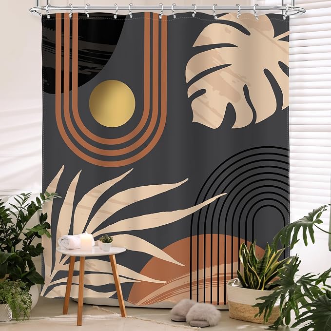 Glawry Black Boho Mid Century Shower Curtain Abstract Beige Leaves Minimalist Simple Aesthetic Arch Sun Modern Bathroom Botanical 72Wx72L Inches Bath Accessories Art Home Decor Fabric 12 Pack Hooks