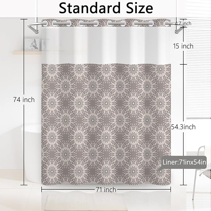 No Hook Shower Curtain with Snap in Fabric Liner Set, Waterproof Bath Curtain with Stylish Gray Floral Design, Mandala Pattern with See Through Top Window, 71x74 Inches