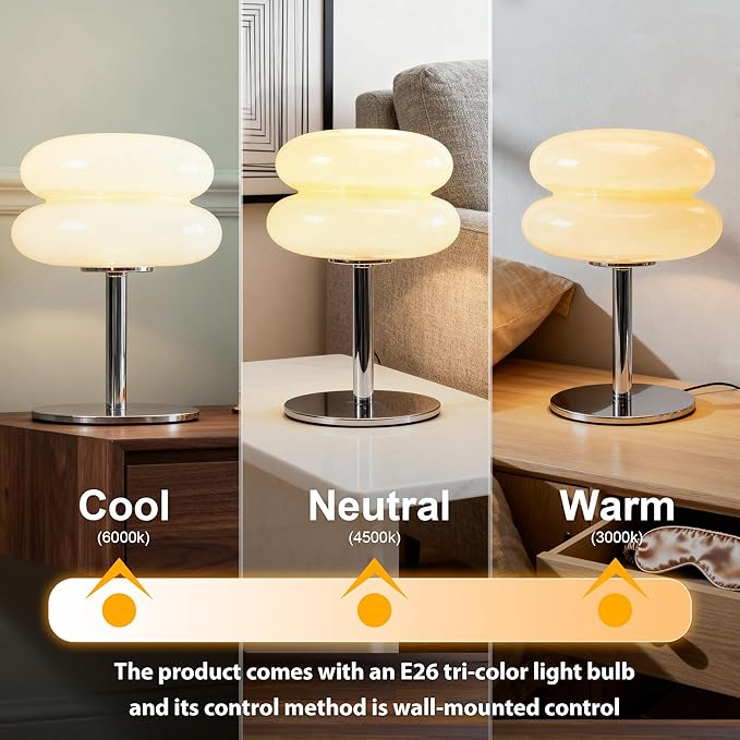 Fandian Beige Table Lamp for Bedroom, Mid Century Modern Lamp for Nightstand, 3 Color Change Egg Tart Bedside Small Lamps, Unique Home Mushroom Cute Desk Lamps