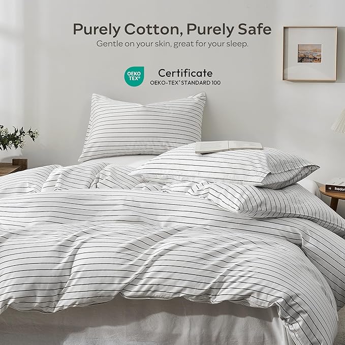 JELLYMONI Wide Striped Duvet Cover Set - Full Size Comforter Cover, Classic White & Gray Stripes, 100% Cotton 3 Pcs Bedding with Zipper Closure & 8 Corner Ties for Guest or Teen Room