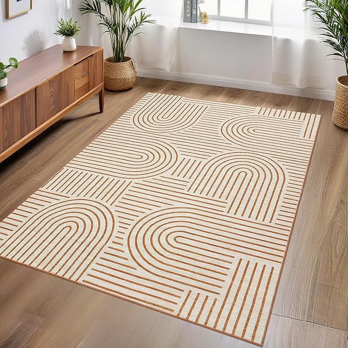 Washable Rug 3x5 Area Rugs for Living Room, Abstract Rug for Bedroom, Soft Rainbow Non Slip Throw Rugs with Rubber Back, Low Pile Stain Resistant Boho Geometric Carpet for Dining Room, Orange