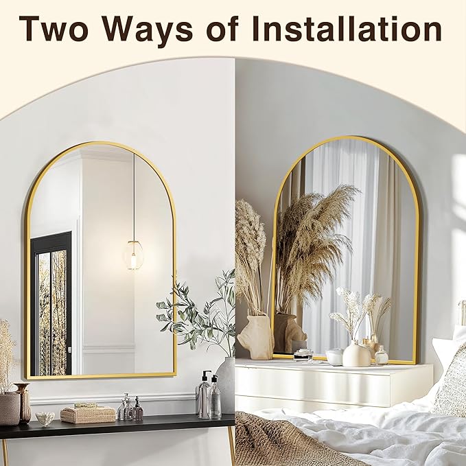 FICTOR Bathroom Mirror for Wall, Arched Vanity Bathroom Mirror for Over Sink, Metal Framed with HD Shatter-Proof Glass for Entryway, Living Room,Bedroom(24”x 36”, Gold)