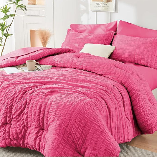 HYMOKEGE Hot Pink King Size Comforter Set Seersucker 7 Pieces, All Season Luxury Bed in a Bag for Bedroom, Bedding Set with Comforter, Sheets, Pillowcases & Shams