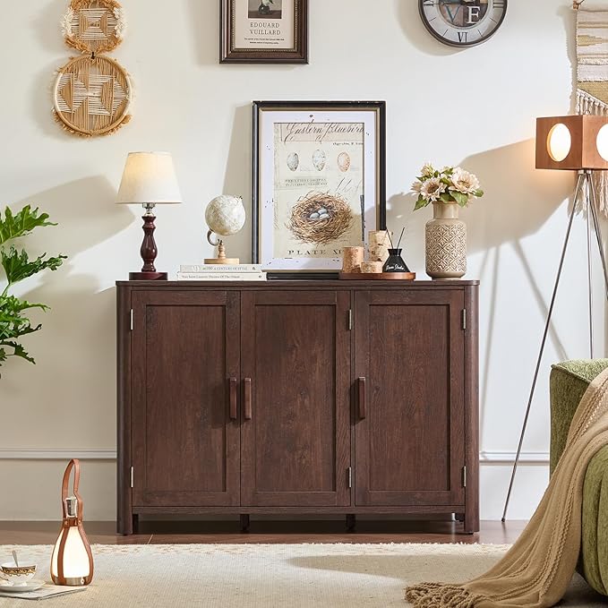 Sideboard Buffet Cabinet with Storage, 46" Arc-Shaped Credenza with 3 Doors & Adjustable Shelves, Mid Century Modern Coffee Bar Cabinet for Kitchen, Living Room, Entryway, Walnut