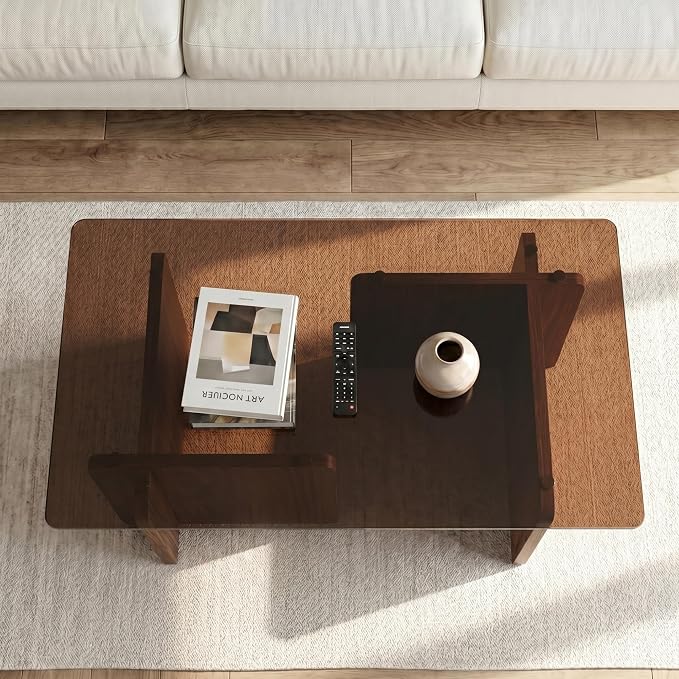 Modern Glass Coffee Table, 39.4 Inches Rectangular Center Tables for Living Room, Coffee Table with Wood Cross Base Easy Assembly Walnut