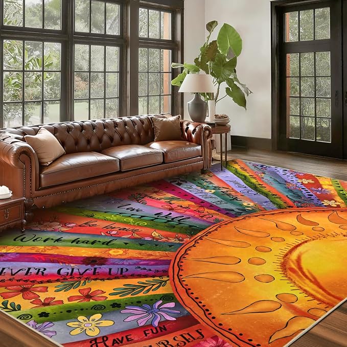Likiyol Sun Rugs for Living Room 5x7 Area Rugs, Non Slip Washable Rugs for Bedroom Soft Faux Cashmere Inspirational Living Room Rug, Large Carpet Low Pile Rug for Dining Room, Home Office Decor