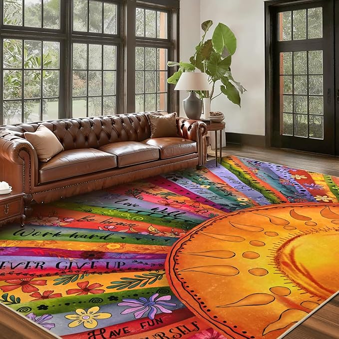 Likiyol Sun Area Rug 8x10 Rugs for Living Room, Non Slip Washable Rugs for Bedroom Soft Faux Cashmere Inspirational Living Room Rug, Large Floor Carpet for Bedroom, Dining Room, Home Office