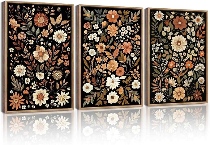 KUVIOKE Orange Vintage Flower Framed Wall Art Boho Floral Wall Decor Retro Wildflower Modern Art Prints for Living Room Bedroom 12x16in (Natural Framed)