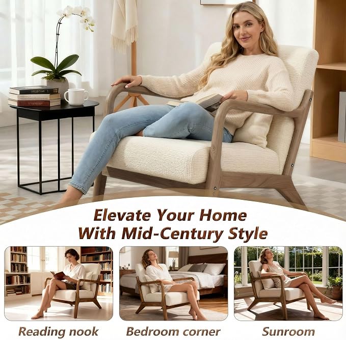 Modern Accent Chair with Wooden Frame & Linen Fabric, Mid Century Modern Chair with Lumbar Pillow, Cozy Accent Chair for Living Room, Bedroom, Reading Nook or Small Spaces