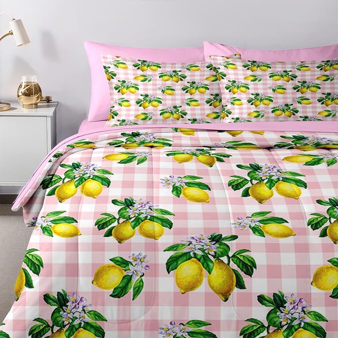 Nesker 5 Pcs Comforter Set Twin Size, Stripe Lemons Fruit Bedding Set for Kids and Adults, Summer Palm Pink White Plaid Bed Sheet Sets with Fitted Sheet Pillowcases & Shams