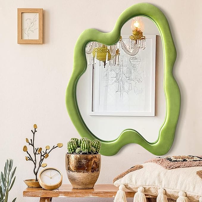 Irregular Wall Mirror, 28"x 36" Green Wavy Mirror, Flannel Wrapped Wooden Frame Asymmetrical Decorative Mirrors, Modern Wall Mirror for Bedroom Living Room Entryway