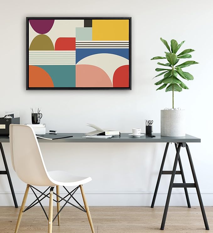 Kate and Laurel Sylvie Mid Century Modern Pattern Framed Canvas Wall Art by Rachel Lee of My Dream Wall; 23x33 Black; Colorful Abstract Art Print for Wall