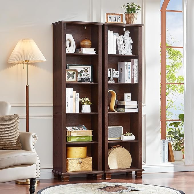 SAVOR LIFE Narrow Walnut Book Shelf, 70" Tall Skinny Bookshelf with Adjustable Shelves & Wooden Legs, Farmhouse Wood Bookcase w/5-Tier Open Storage, Free Standing Book Case for Office, Living Room