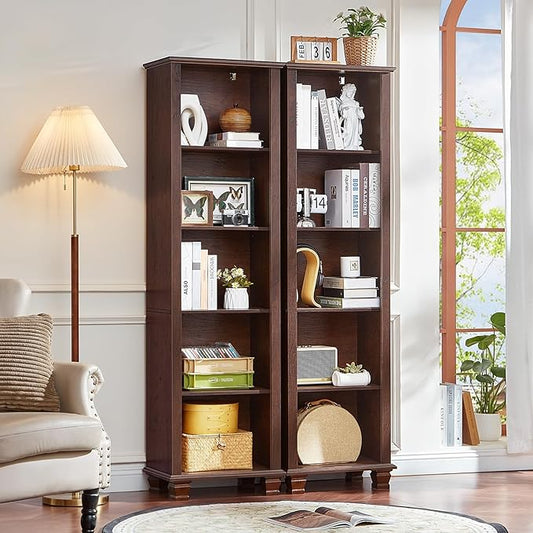 SAVOR LIFE 70" Tall Walnut Book Shelf, Wood Skinny Bookshelf with Adjustable Shelves & Wooden Legs, Farmhouse Bookcase w/5-Tier Storage, Free Standing Bookshlves for Office, Living Room, Brown, 2PCS