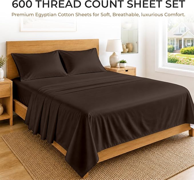 SGI bedding 100% Egyptian Cotton Sheets California King Size – 600 Thread Count Sheets Set, Soft, Cooling, 15" Deep Pocket, Luxury Hotel Bedding, Breathable, Durable - Chocolate