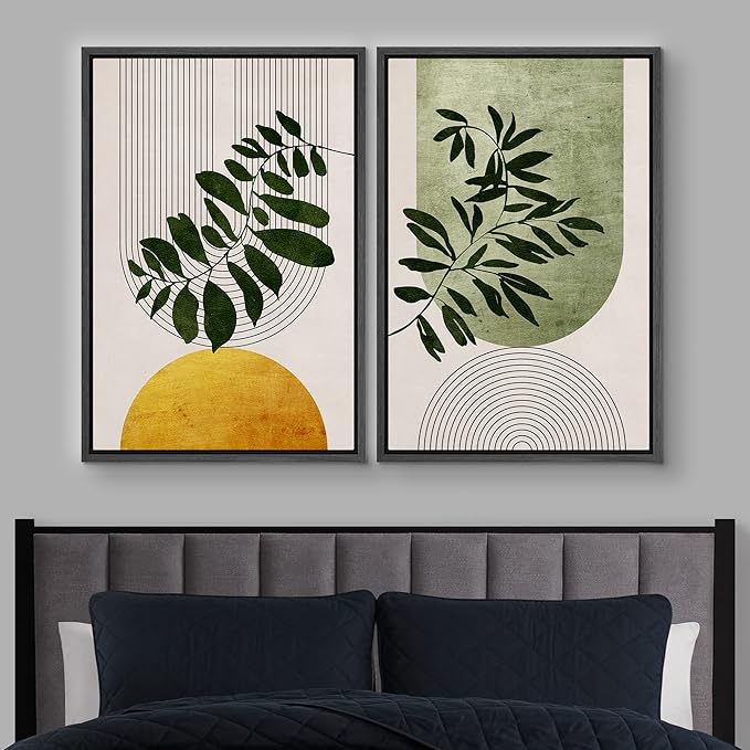 IDEA4WALL Framed Canvas Print Wall Art Set Mid-Century Geometric Forest Plant Leaf Nature Wilderness Illustrations Modern Art Rustic Decorative for Living Room, Bedroom, Office - 16"x24"x2 Black