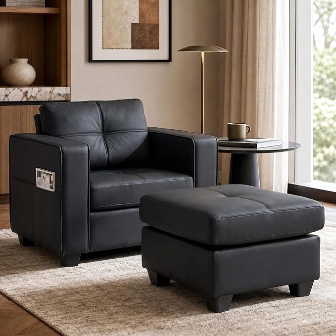 TYBOATLE Oversized Wide Accent Chair with Ottoman, Wide Chaise Lounge Chair Indoor, Mid Century Modern Armchair with Pockets, Leather Comfy Chairs for Bedroom, Living Room, Office (Black)
